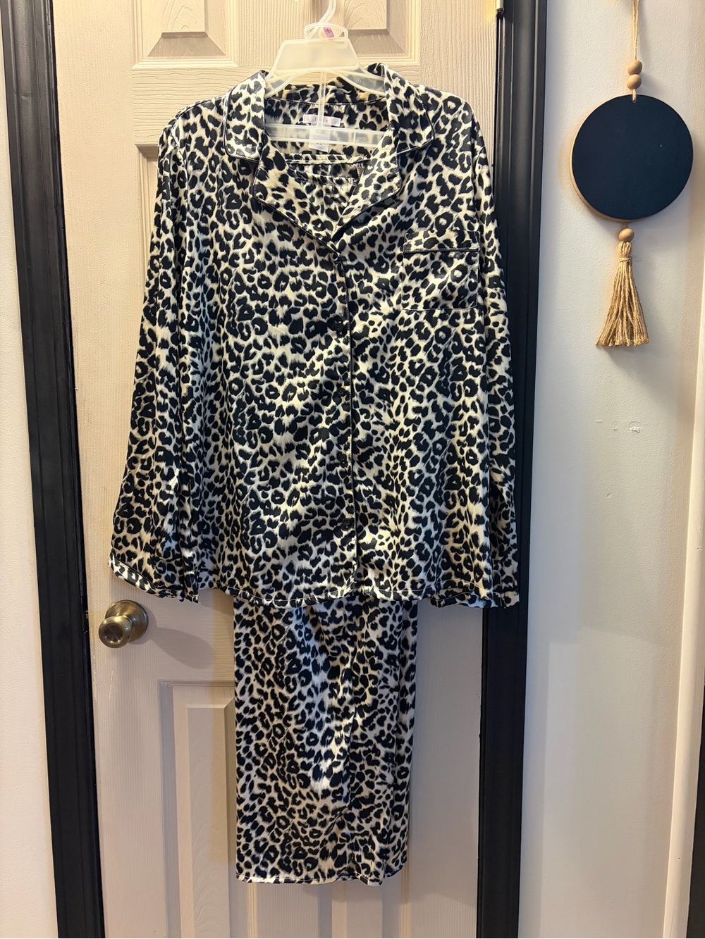PINK K Black & Cream Leopard Satin Pajama Set XL NWT
